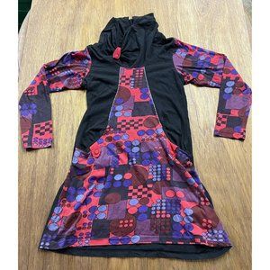 Coton Du Monde Pink Blue Black Geometric Long Sleeve Cowl Neck Dress Large